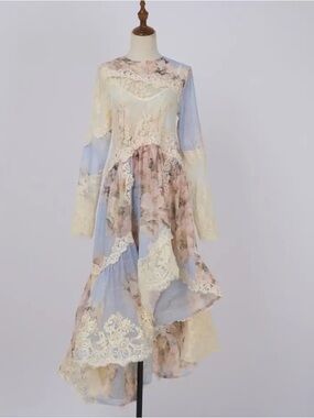 Designer style Vintage Floral Printed Long Lace Patchwork Dress M-XL